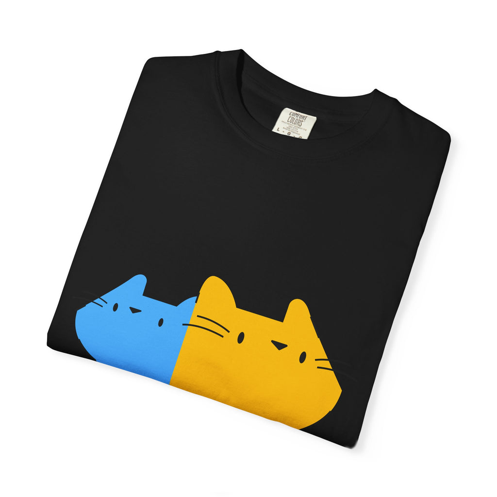 Cat Split Face T-Shirt — Cute Blue & Yellow Cat Graphic Tee