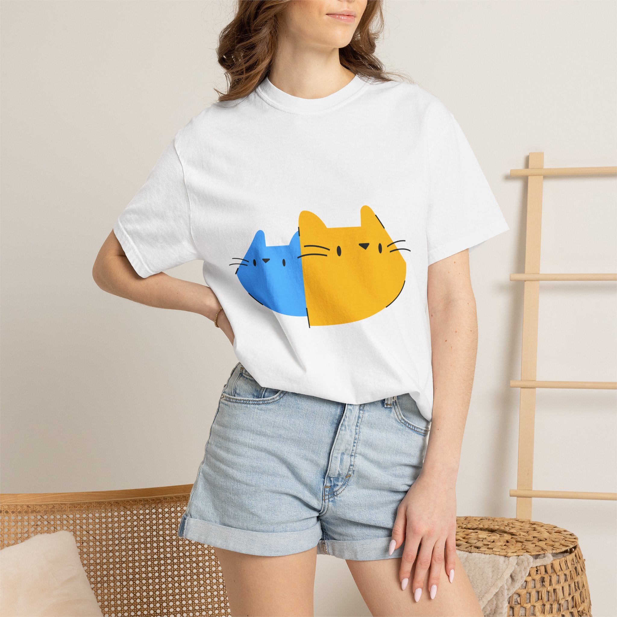 Cat Split Face T-Shirt — Cute Blue & Yellow Cat Graphic Tee