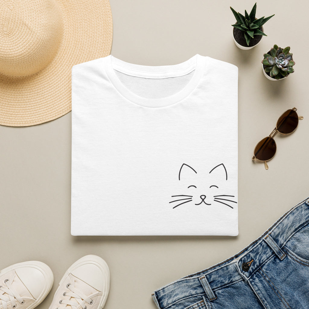 Minimal Cat Face Pocket T-Shirt — Cute Kitty Outline Tee