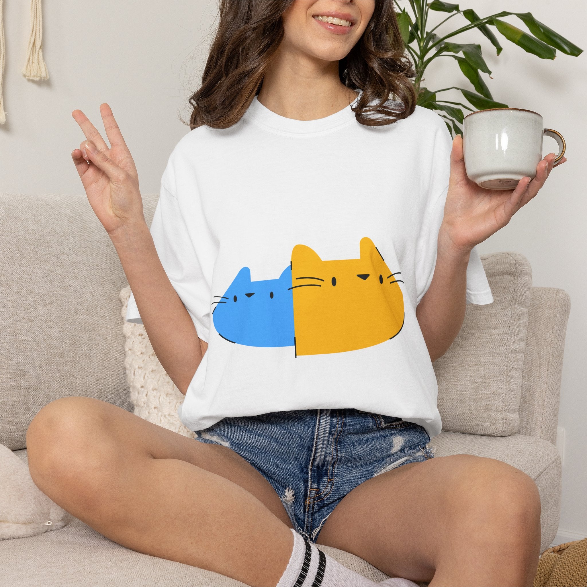 Cat Split Face T-Shirt — Cute Blue & Yellow Cat Graphic Tee
