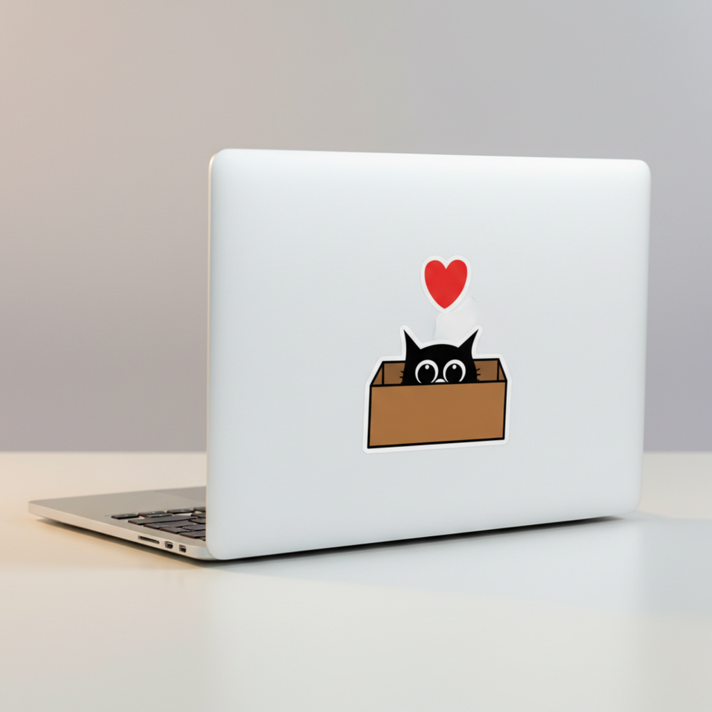 Cute Black Cat in Box Kiss-Cut Sticker — Heart Laptop Decal