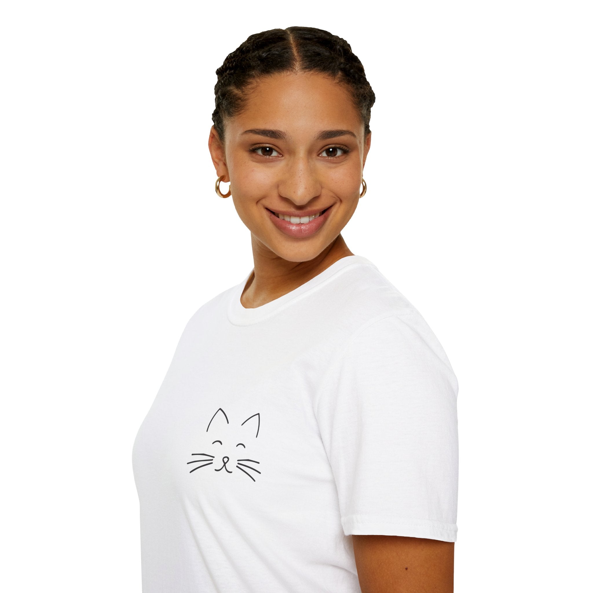 Minimal Cat Face Pocket T-Shirt — Cute Kitty Outline Tee