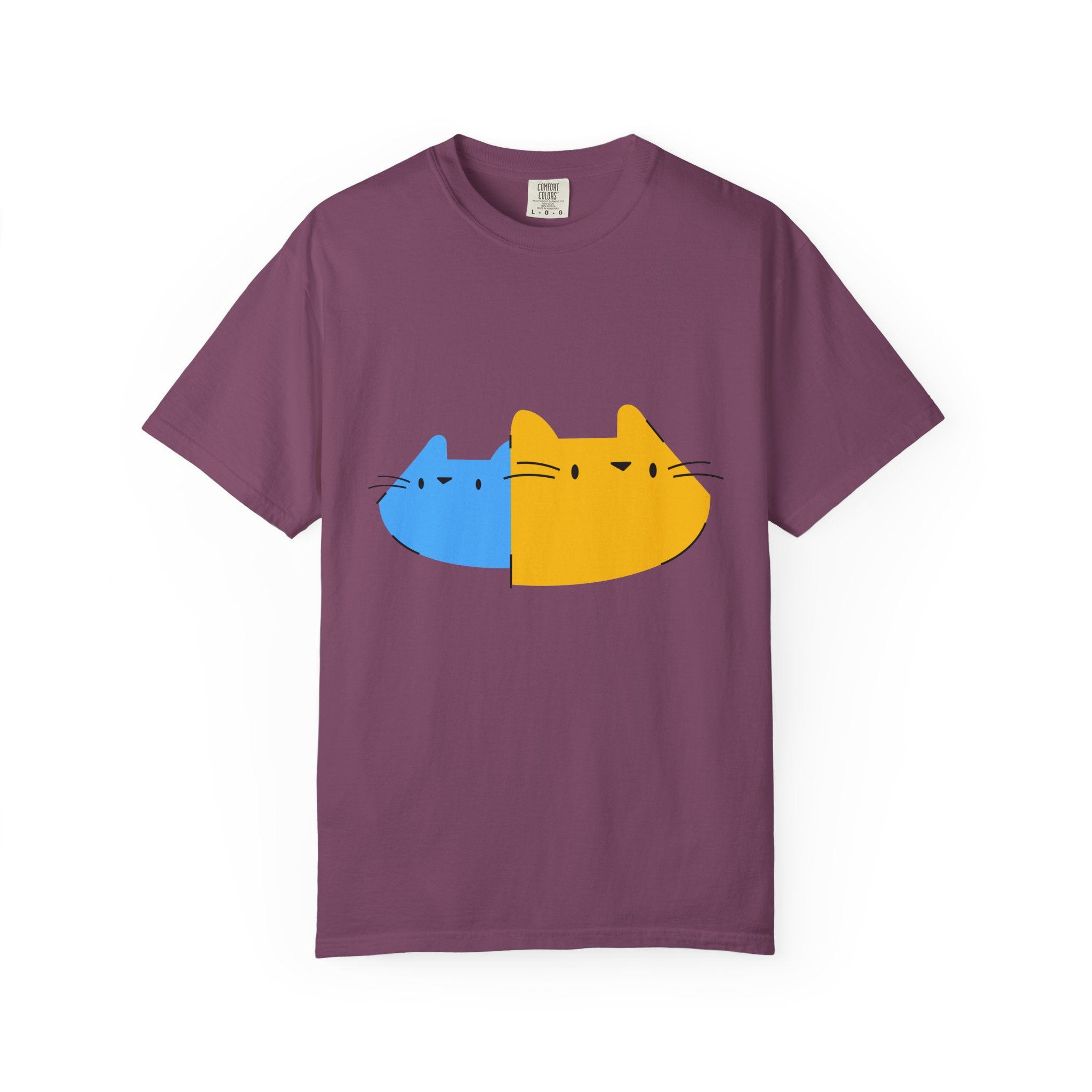 Cat Split Face T-Shirt — Cute Blue & Yellow Cat Graphic Tee