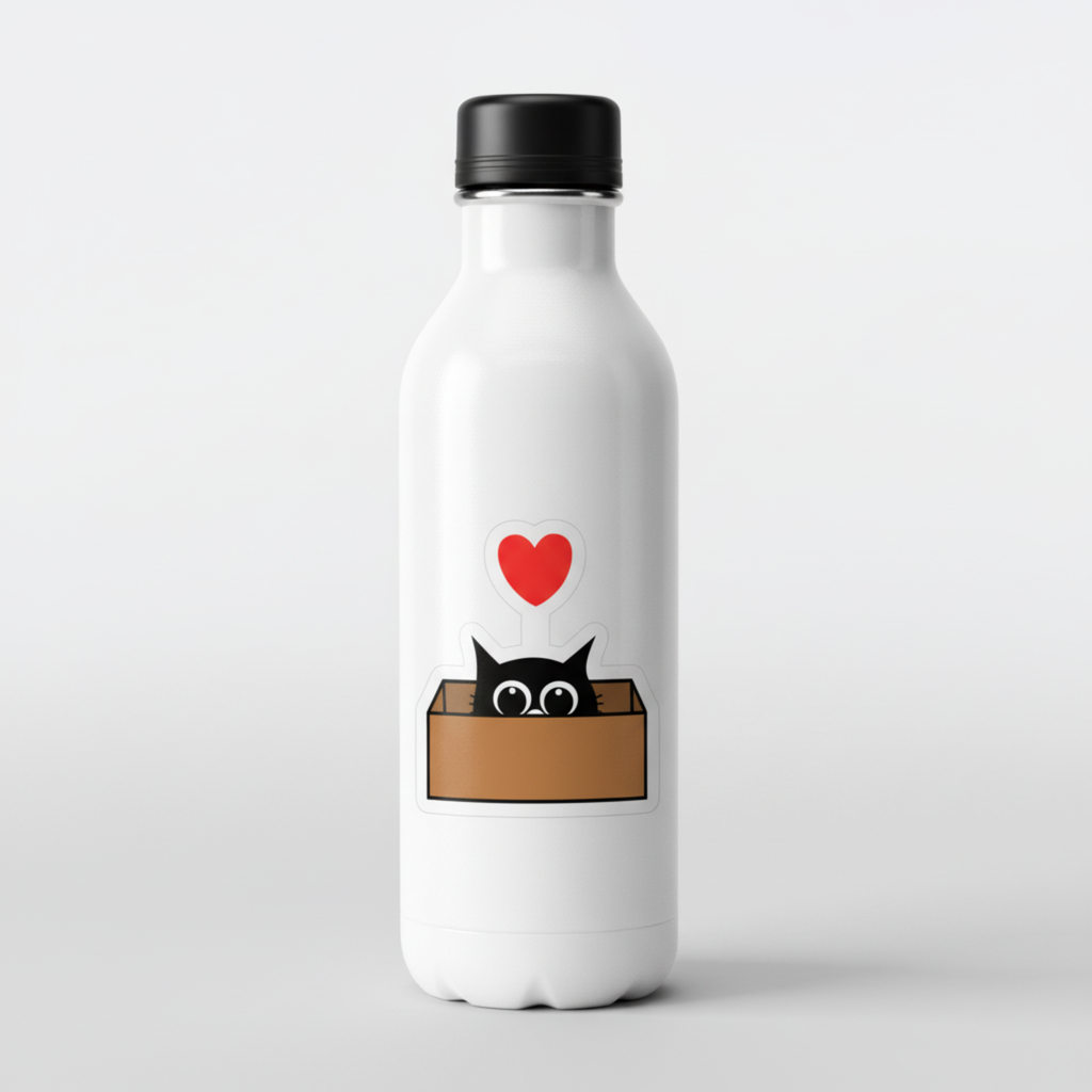 Cute Black Cat in Box Kiss-Cut Sticker — Heart Laptop Decal