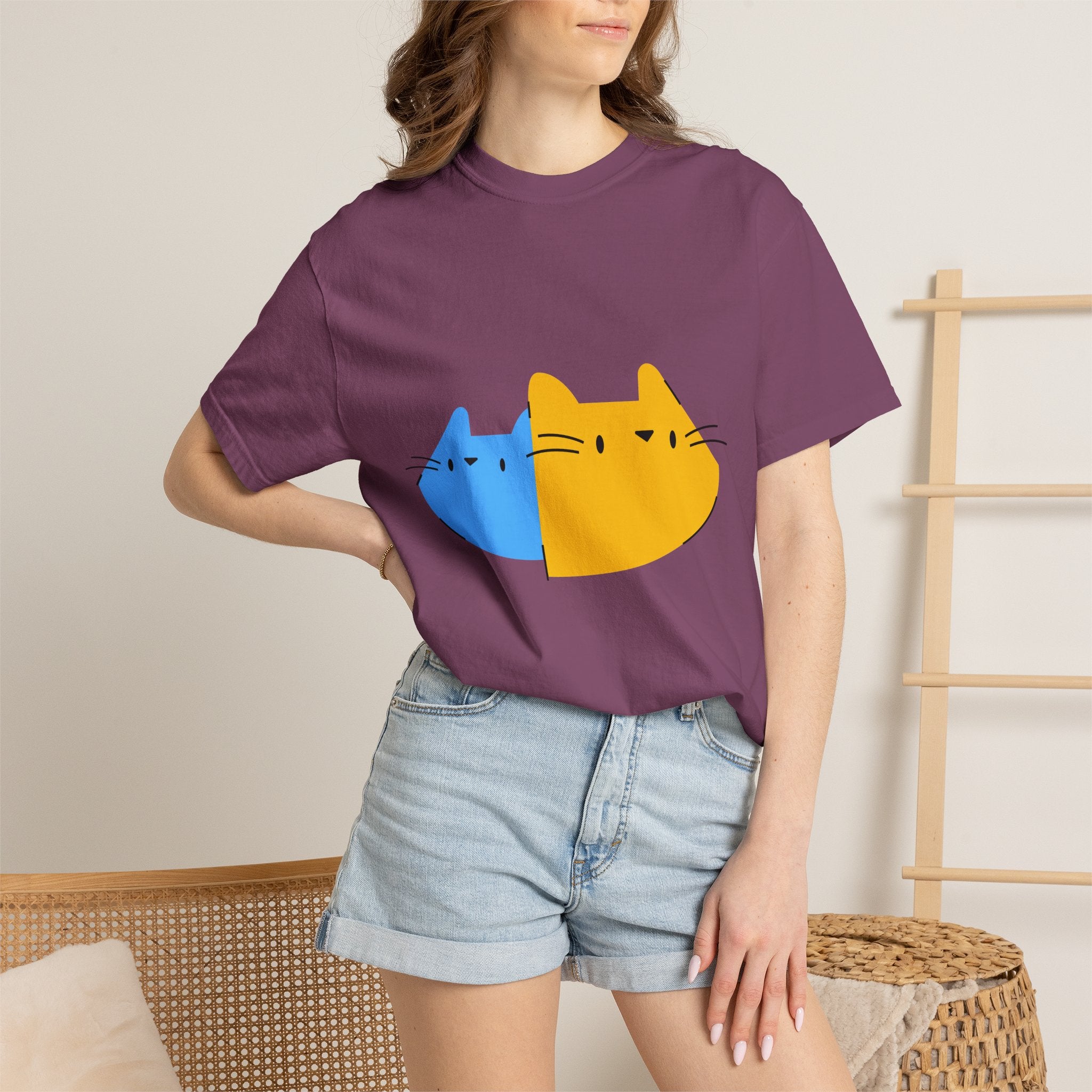 Cat Split Face T-Shirt — Cute Blue & Yellow Cat Graphic Tee