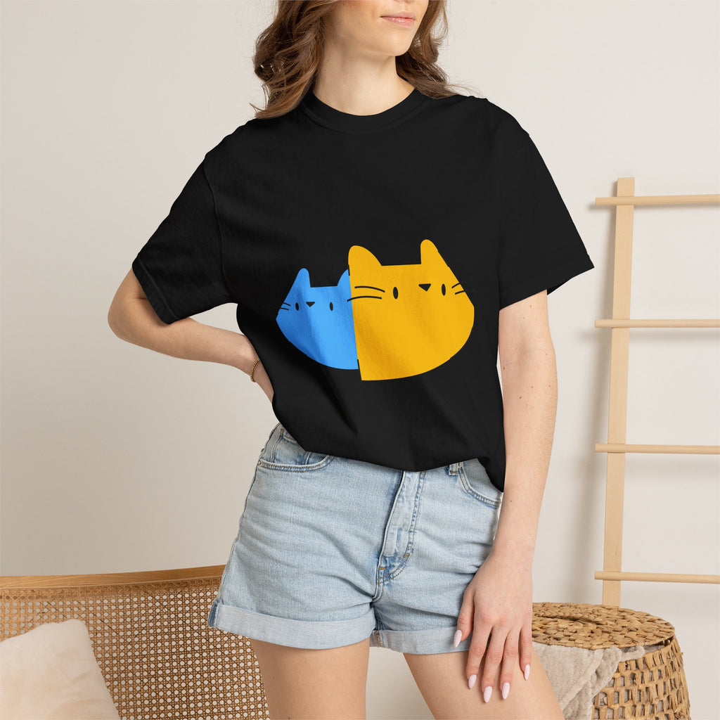 Cat Split Face T-Shirt — Cute Blue & Yellow Cat Graphic Tee