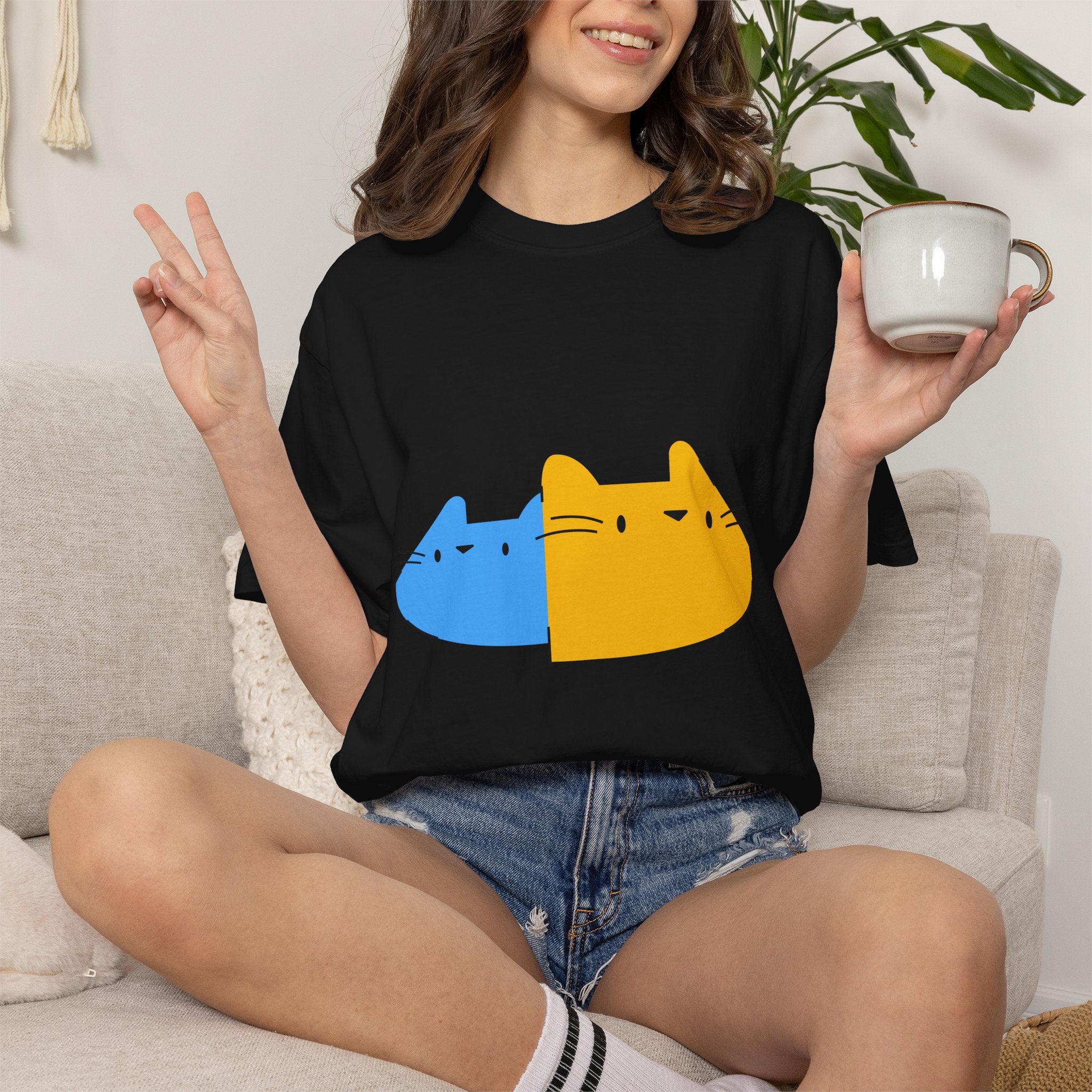 Cat Split Face T-Shirt — Cute Blue & Yellow Cat Graphic Tee
