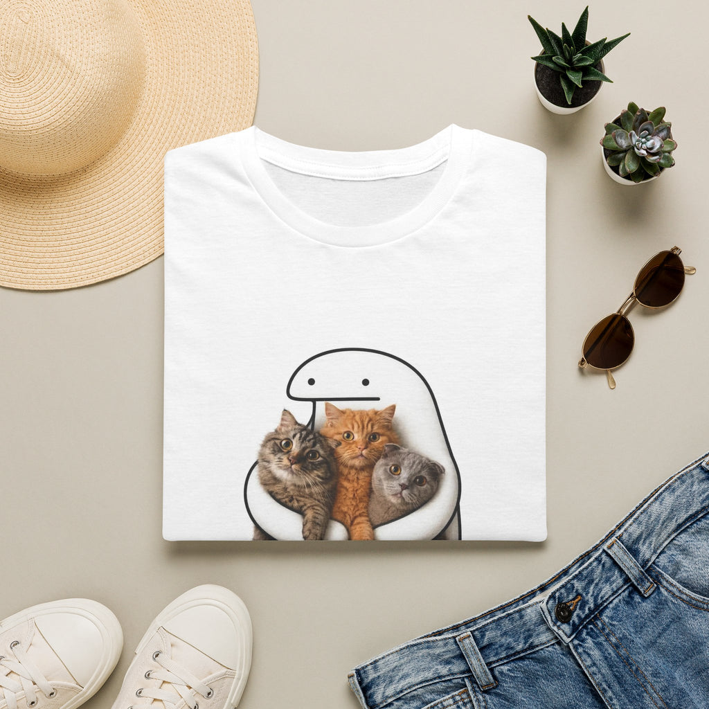 Cat Hug T-Shirt — Cute Cartoon Character Holding Three Kittens