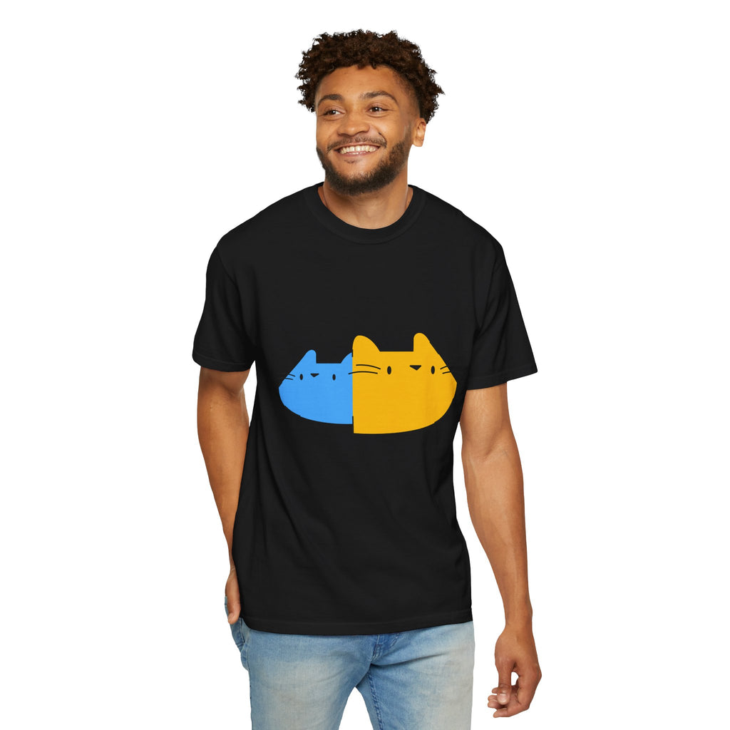 Cat Split Face T-Shirt — Cute Blue & Yellow Cat Graphic Tee