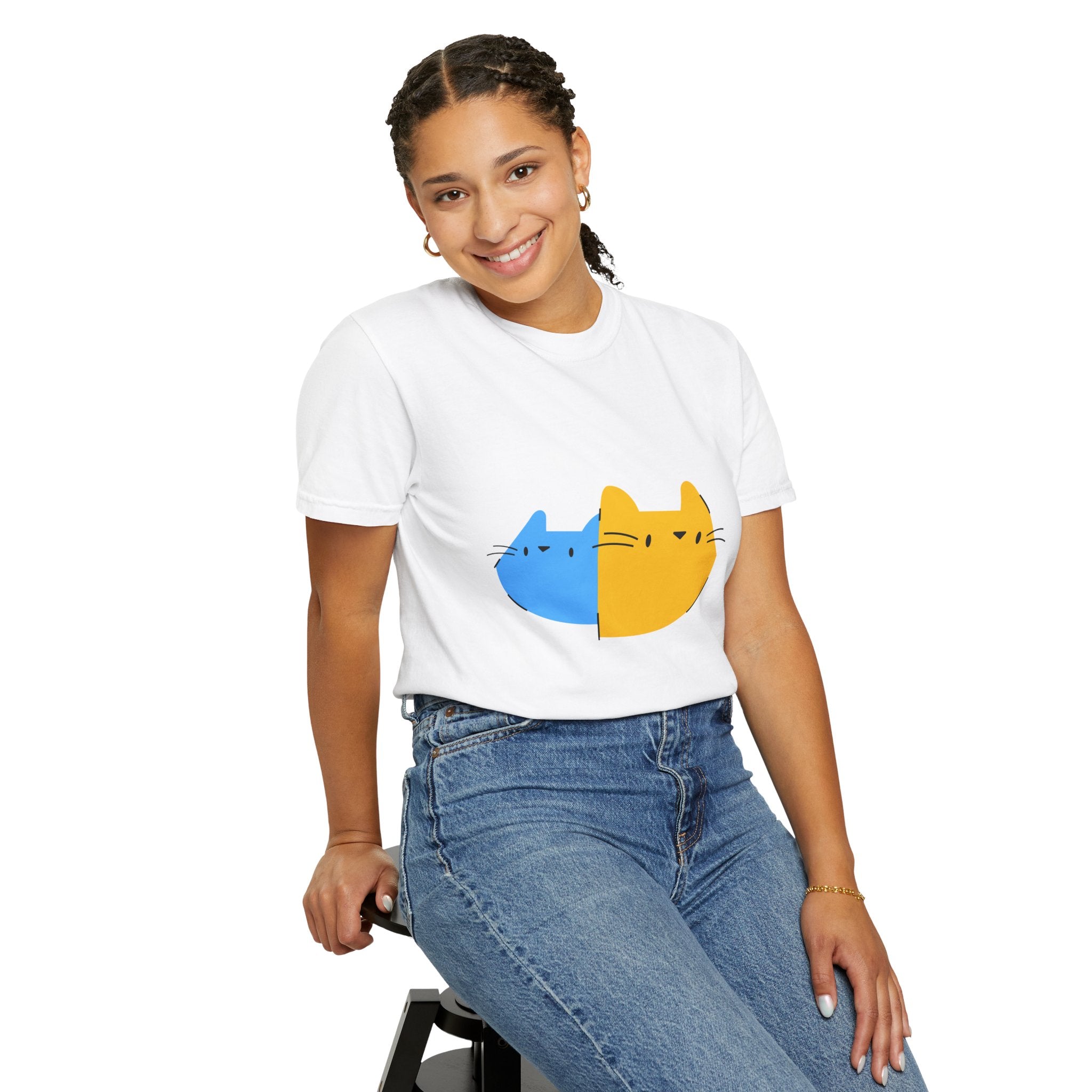 Cat Split Face T-Shirt — Cute Blue & Yellow Cat Graphic Tee