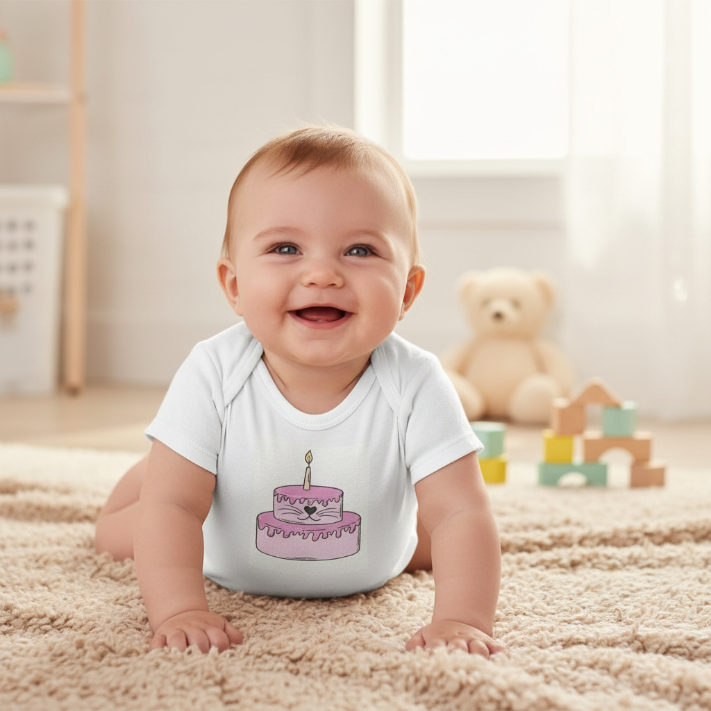 Baby Bodysuit — Pink Birthday Cake with Candle Infant Onesie