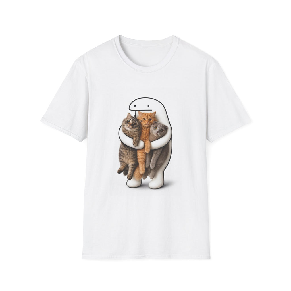 Cat Hug T-Shirt — Cute Cartoon Character Holding Three Kittens