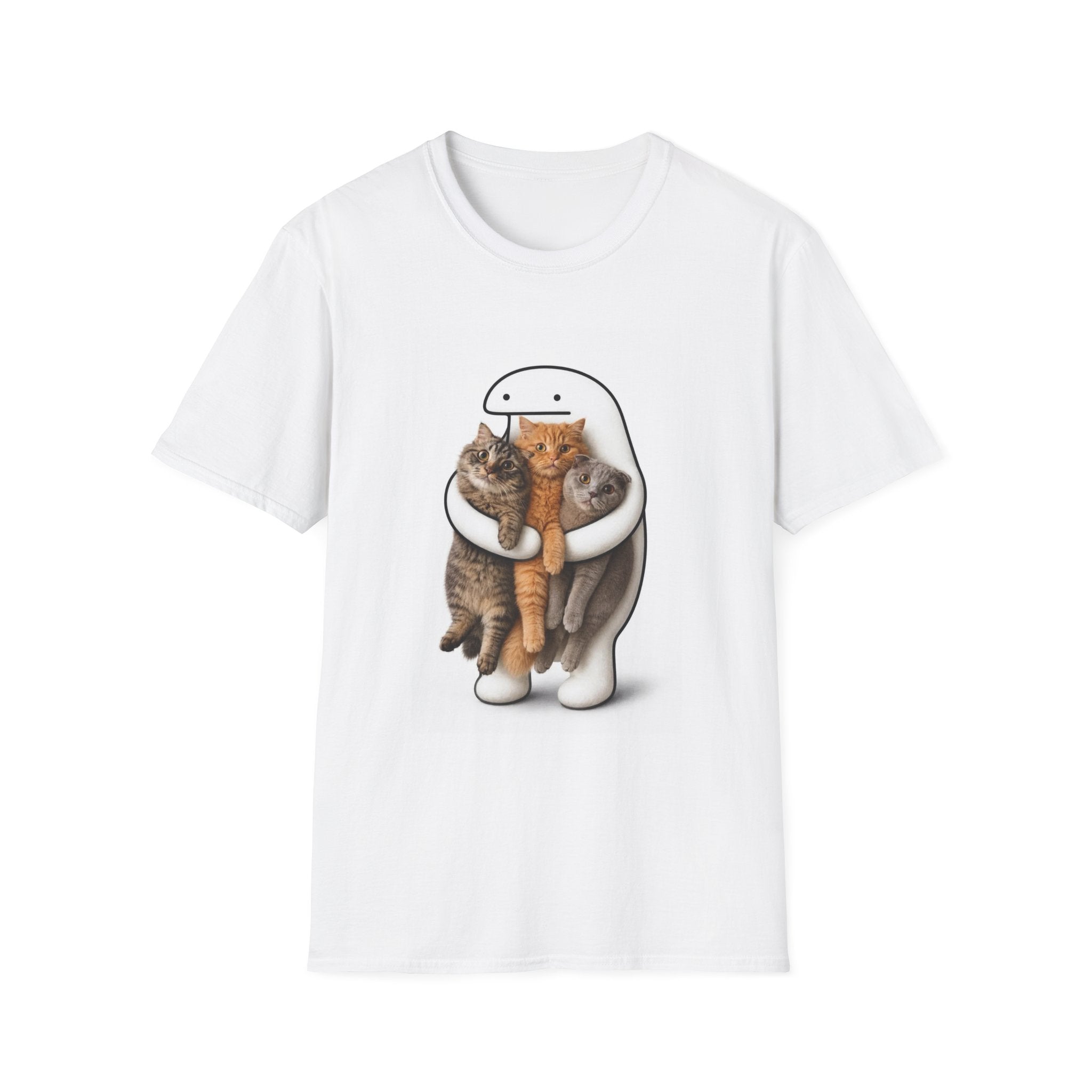 Cat Hug T-Shirt — Cute Cartoon Character Holding Three Kittens