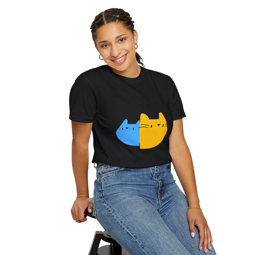Cat Split Face T-Shirt — Cute Blue & Yellow Cat Graphic Tee