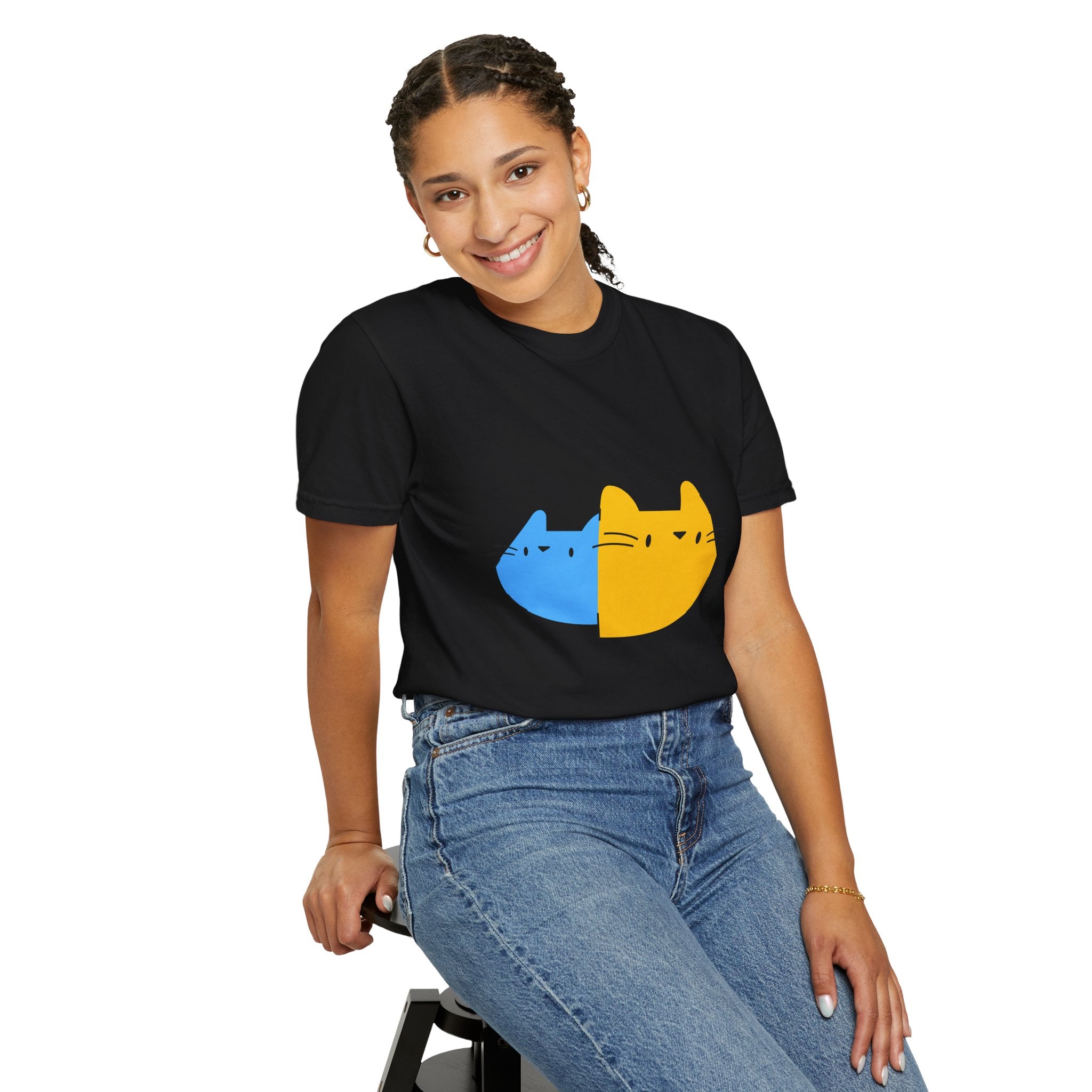 Cat Split Face T-Shirt — Cute Blue & Yellow Cat Graphic Tee