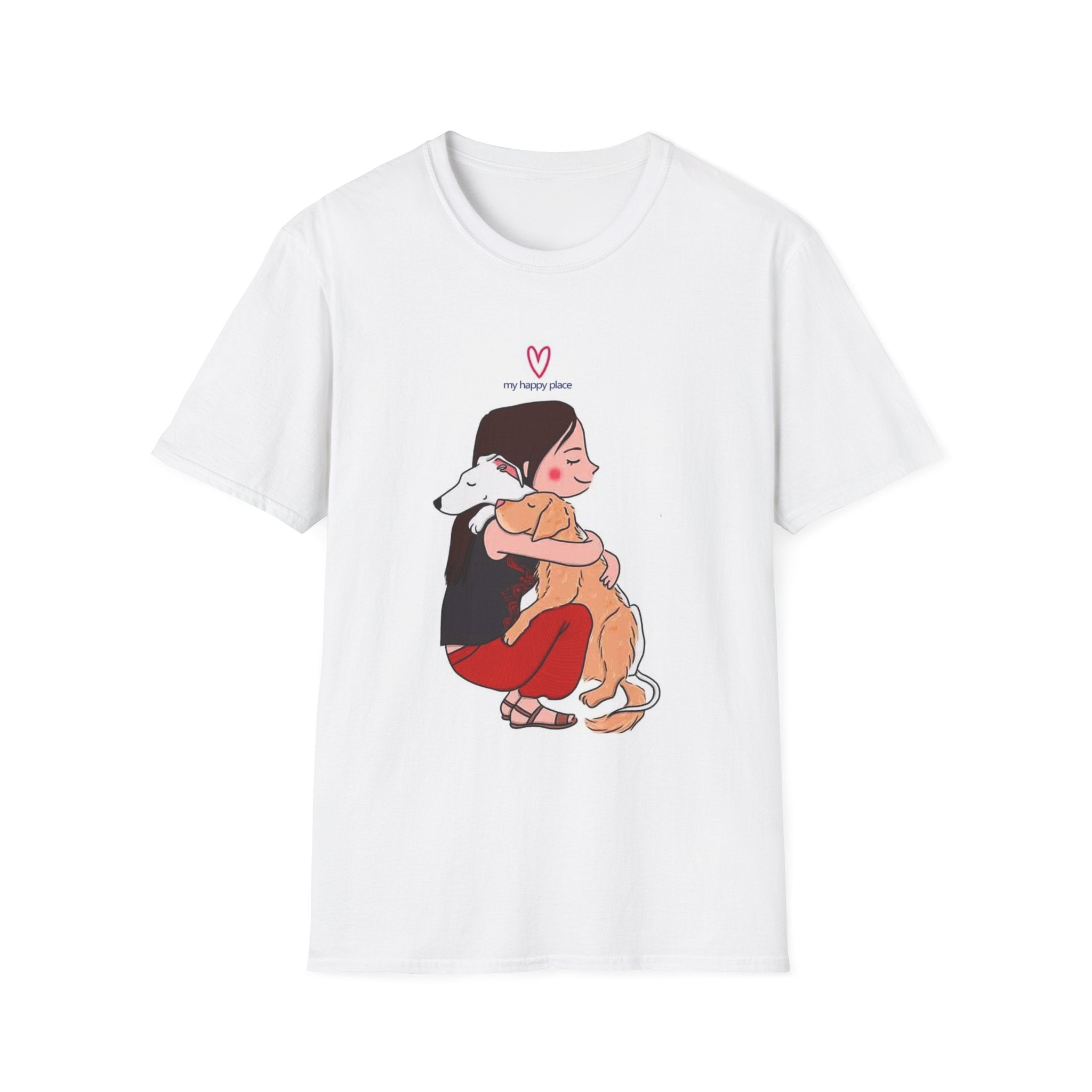 T-Shirt — “My Happy Place” Girl Hugging Dog Graphic Tee