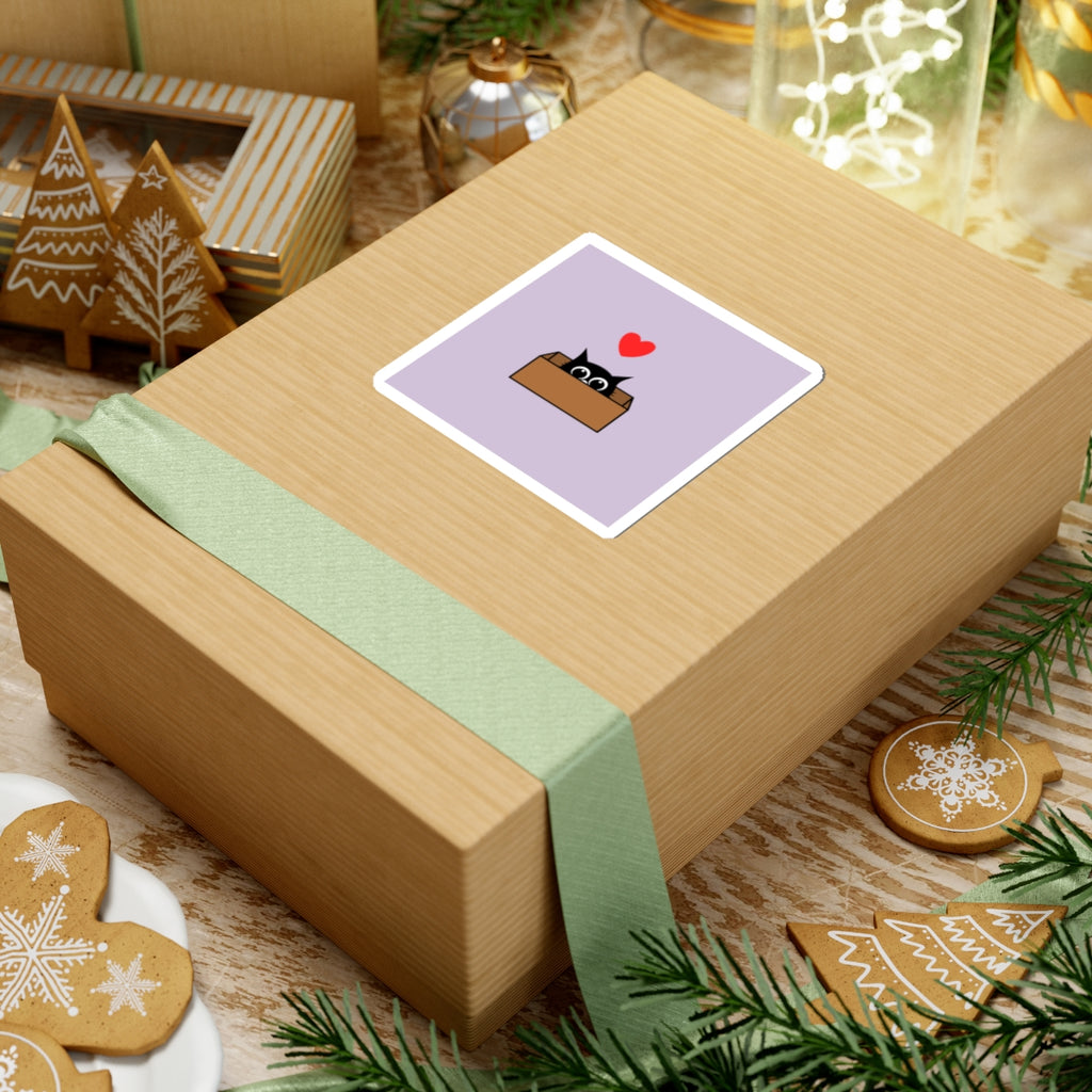 Cute Black Cat in Box Kiss-Cut Sticker — Heart Laptop Decal
