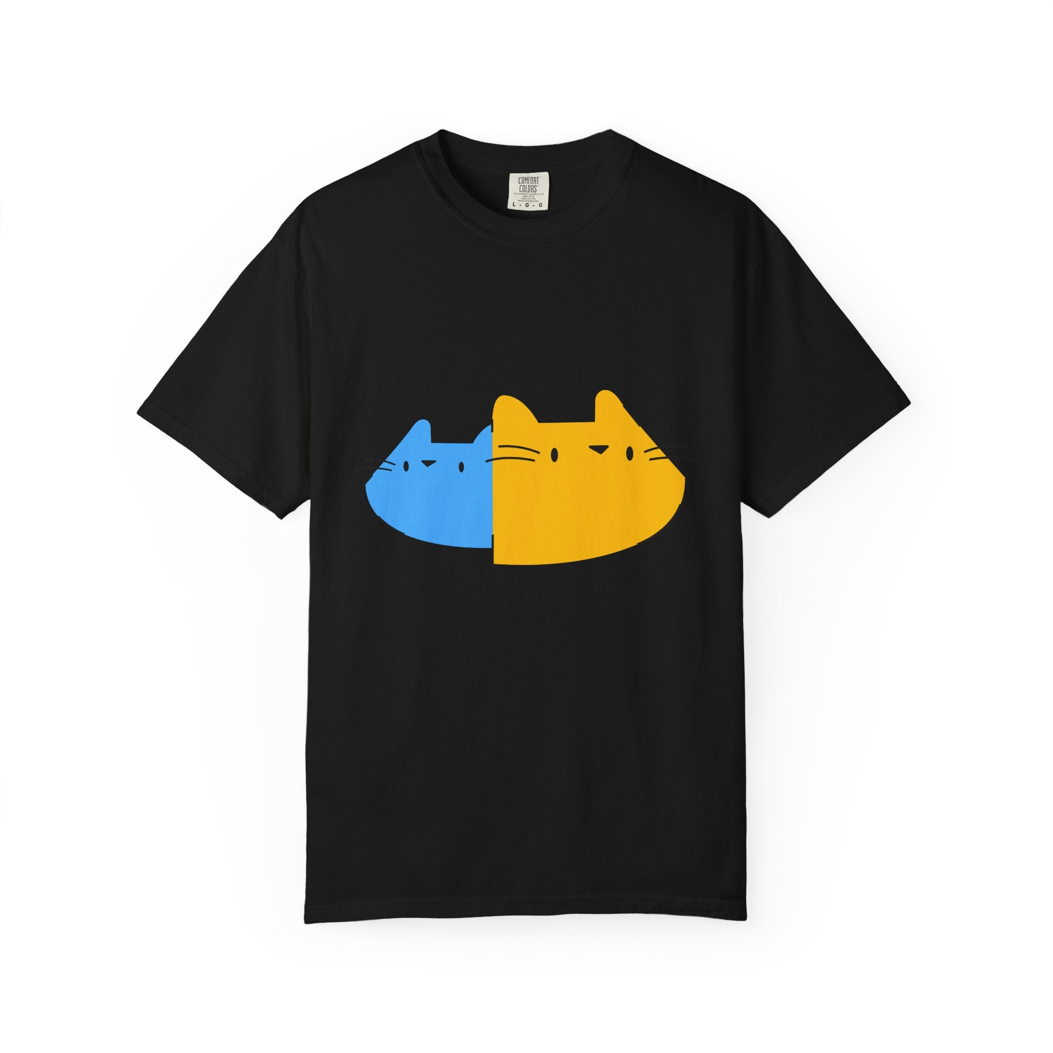 Cat Split Face T-Shirt — Cute Blue & Yellow Cat Graphic Tee