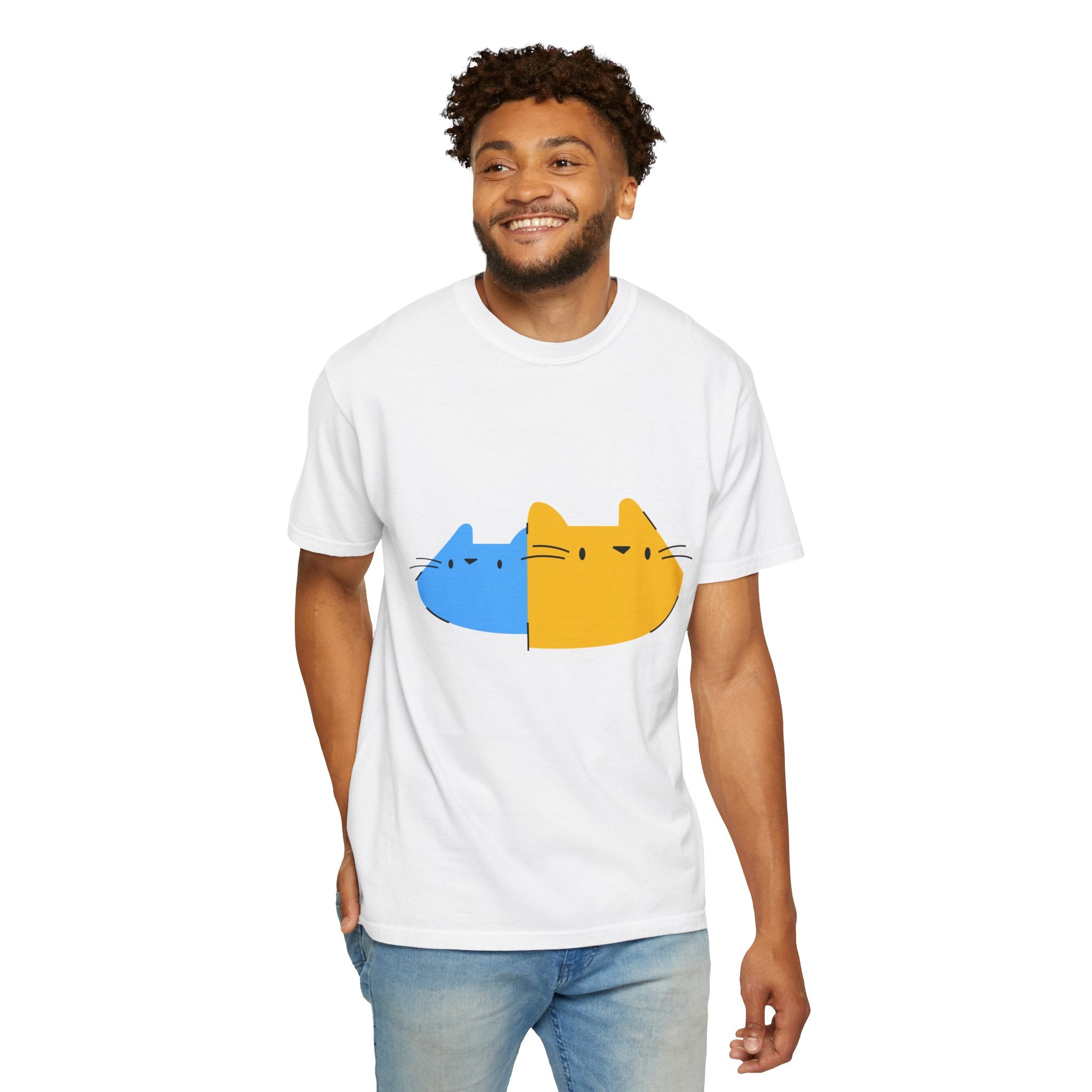 Cat Split Face T-Shirt — Cute Blue & Yellow Cat Graphic Tee