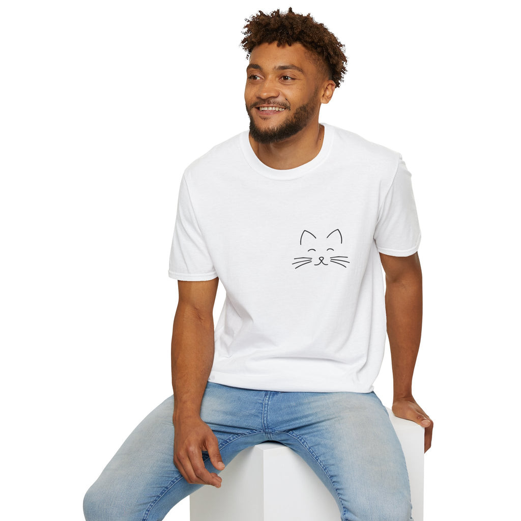 Minimal Cat Face Pocket T-Shirt — Cute Kitty Outline Tee