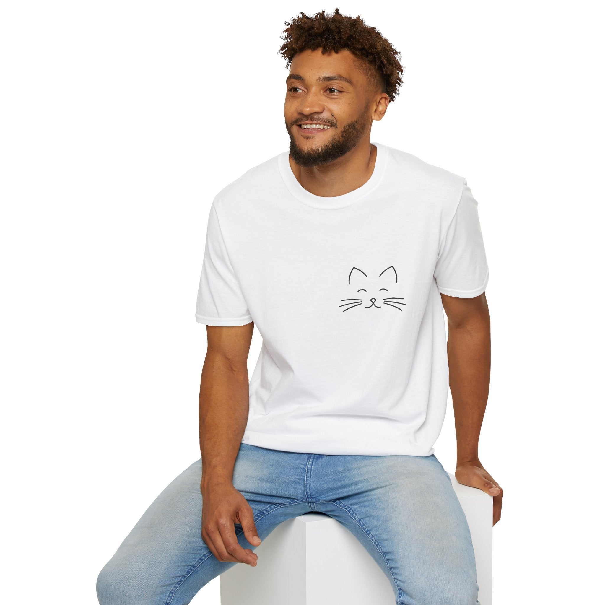 Minimal Cat Face Pocket T-Shirt — Cute Kitty Outline Tee