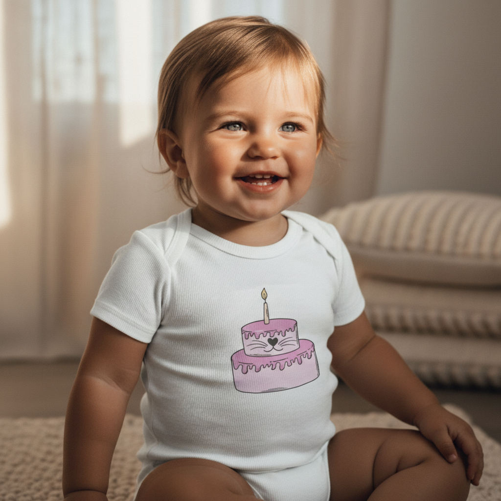 Baby Bodysuit — Pink Birthday Cake with Candle Infant Onesie