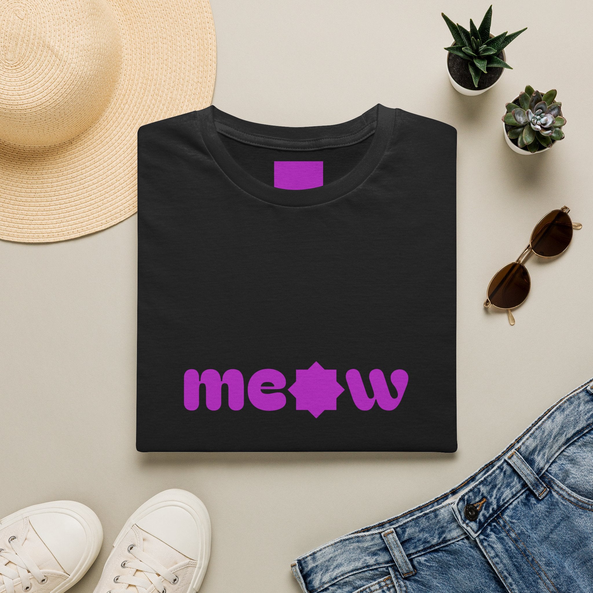 Meow Purple Retro Cat T-Shirt — Cute Minimalist Cat Paw Graphic