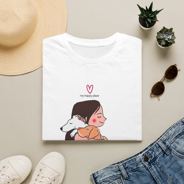 T-Shirt — “My Happy Place” Girl Hugging Dog Graphic Tee