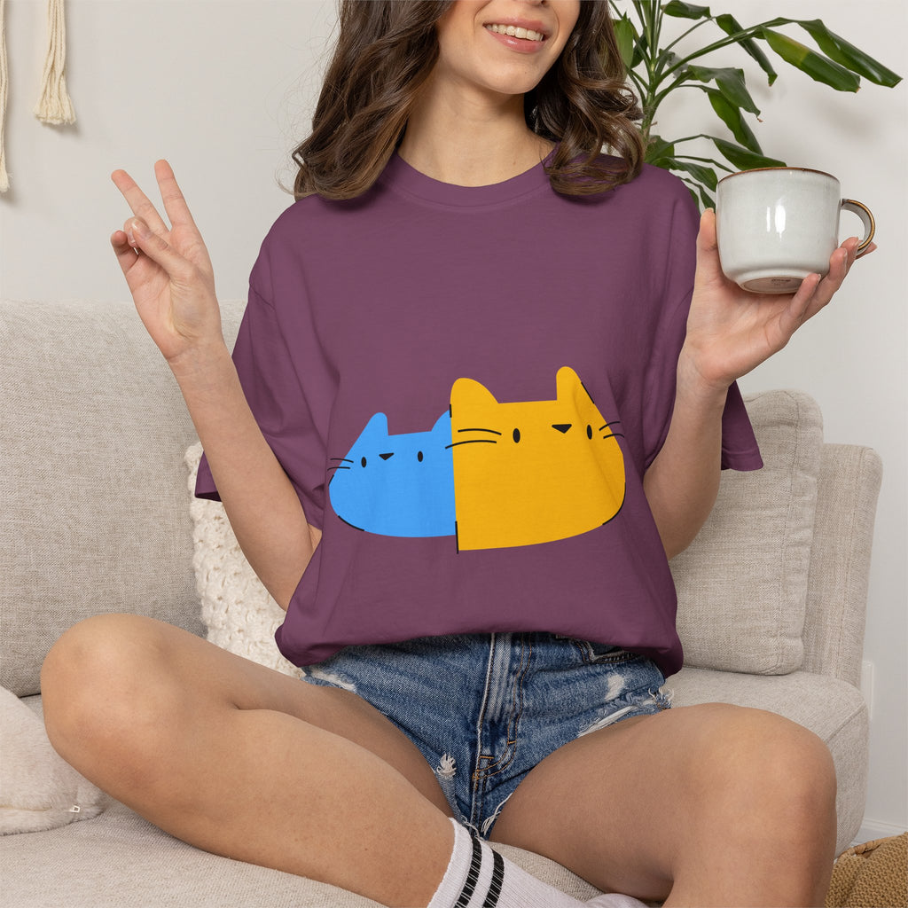 Cat Split Face T-Shirt — Cute Blue & Yellow Cat Graphic Tee