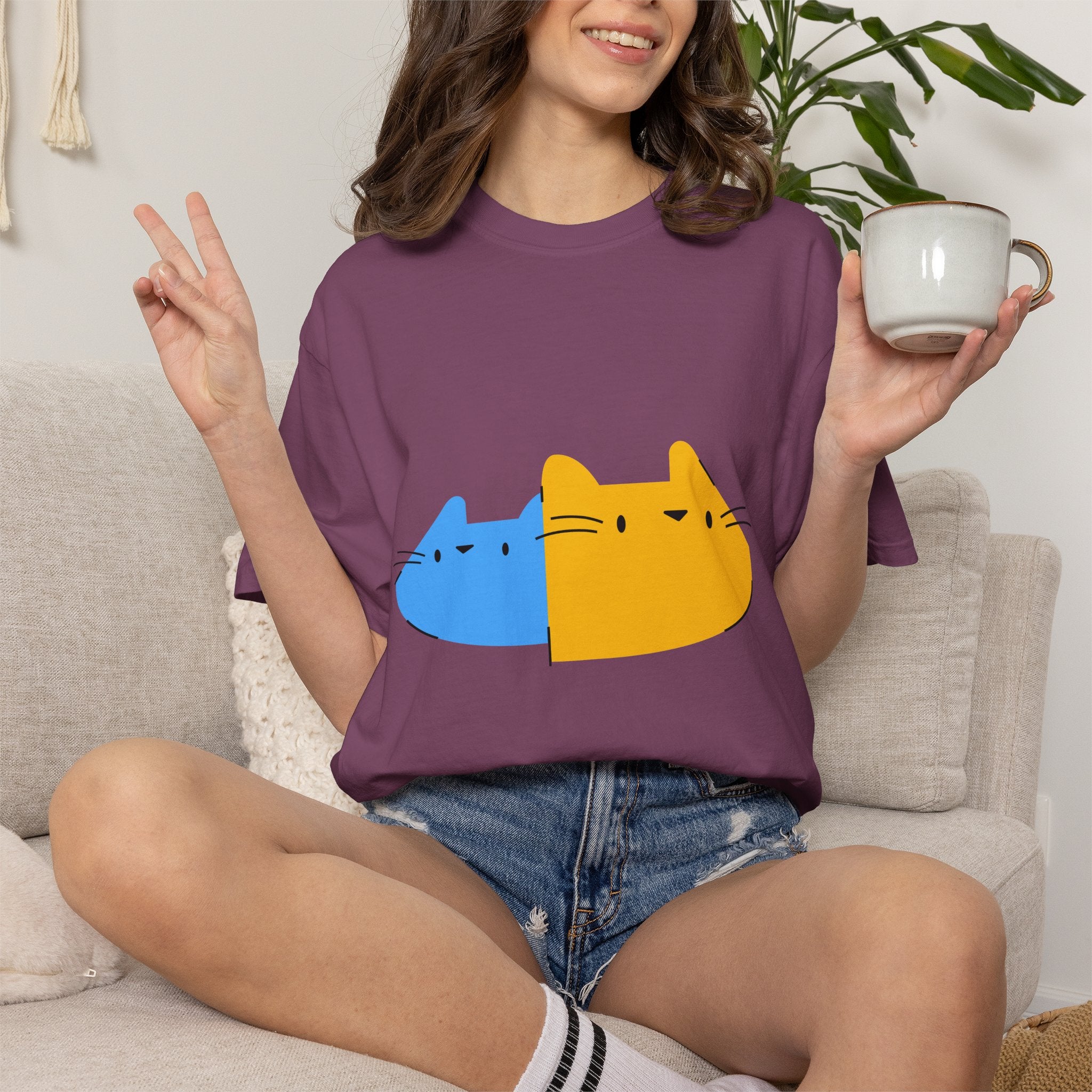 Cat Split Face T-Shirt — Cute Blue & Yellow Cat Graphic Tee